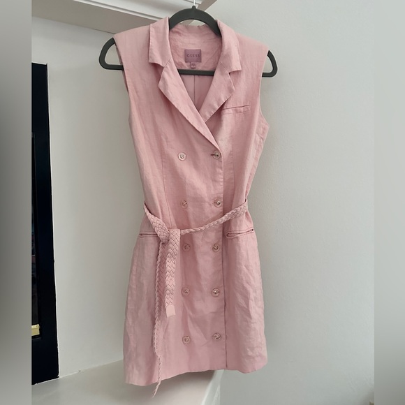 Guess Dresses & Skirts - GUESS Light Pink Double-Breasted Linen Mini Dress w Woven Belt & Lucite buttons